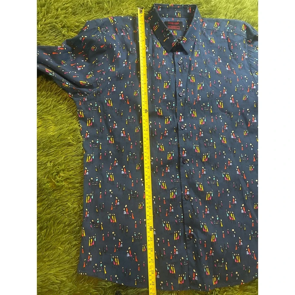 Jared Lang Button Down Men L Navy Blue AfterHours Slim Fit Abstract People Print